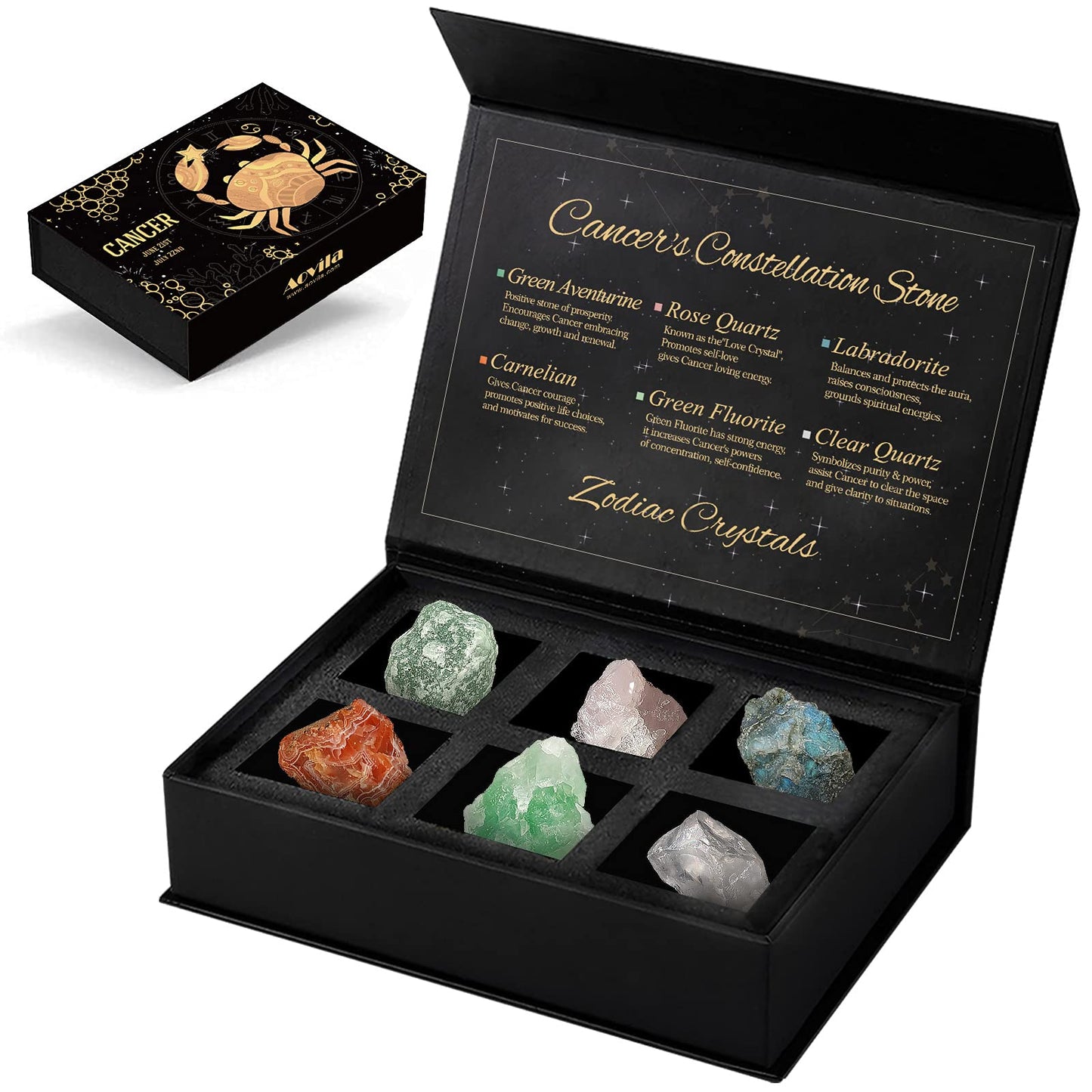 Aovila Cancer Crystals Gift Set, Zodiac Signs Healing Crystals Birthstones with Horoscope Box Set Cancer Astrology Crystals Healing Stones Gifts