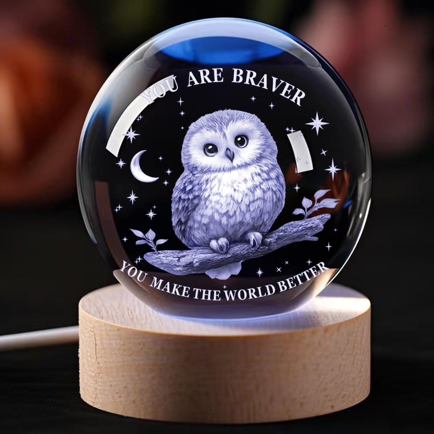 YouerCrystal 3D Owl Lamp,2.36In (60mm), Wood LED Base,Owl Gifts