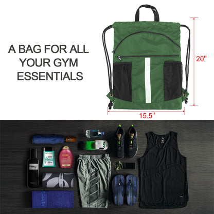 BeeGreen Dark Green Drawstring Backpack with Shoe Compartment X-Large Gym Sports String Cinch Backpack Athletic Sackpack with Front Inside Zipper Pockets