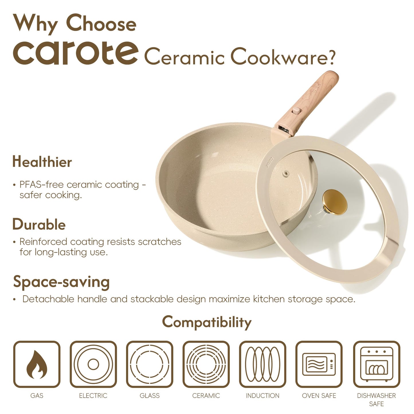 CAROTE 25PCS Ceramic Cookware Set, Pots and Pans set Non Stick, RV Kitchen Cooking Set Removable Handles, Oven Safe, Induction Cookware, Non-toxic Kitchen Cooking Set, PFAS and PFOA Free