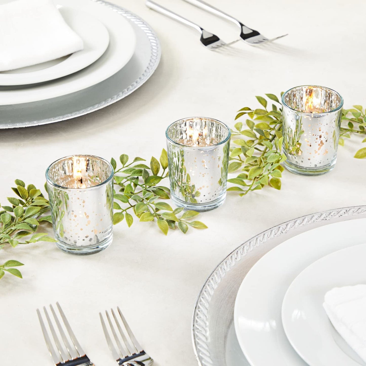 Juvale 24-Pack Silver Mercury Glass Votive Candle Holders - Event & Home Ambience with Tea Lights & Flameless Candles - Glass Votive Holders for Tabletop Displays - 2.6" H x 2.2" W