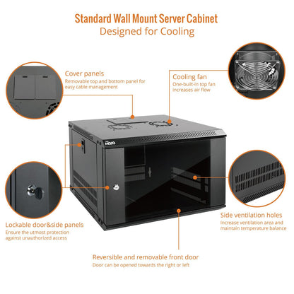 Tecmojo 6U Wall Mount Server Cabinet IT Network Rack Enclosure Lockable Door and Side Panels Black, Cooling Fan, Standard Glass Door, 450mm Depth, for 19” IT Equipment, A/V Devices