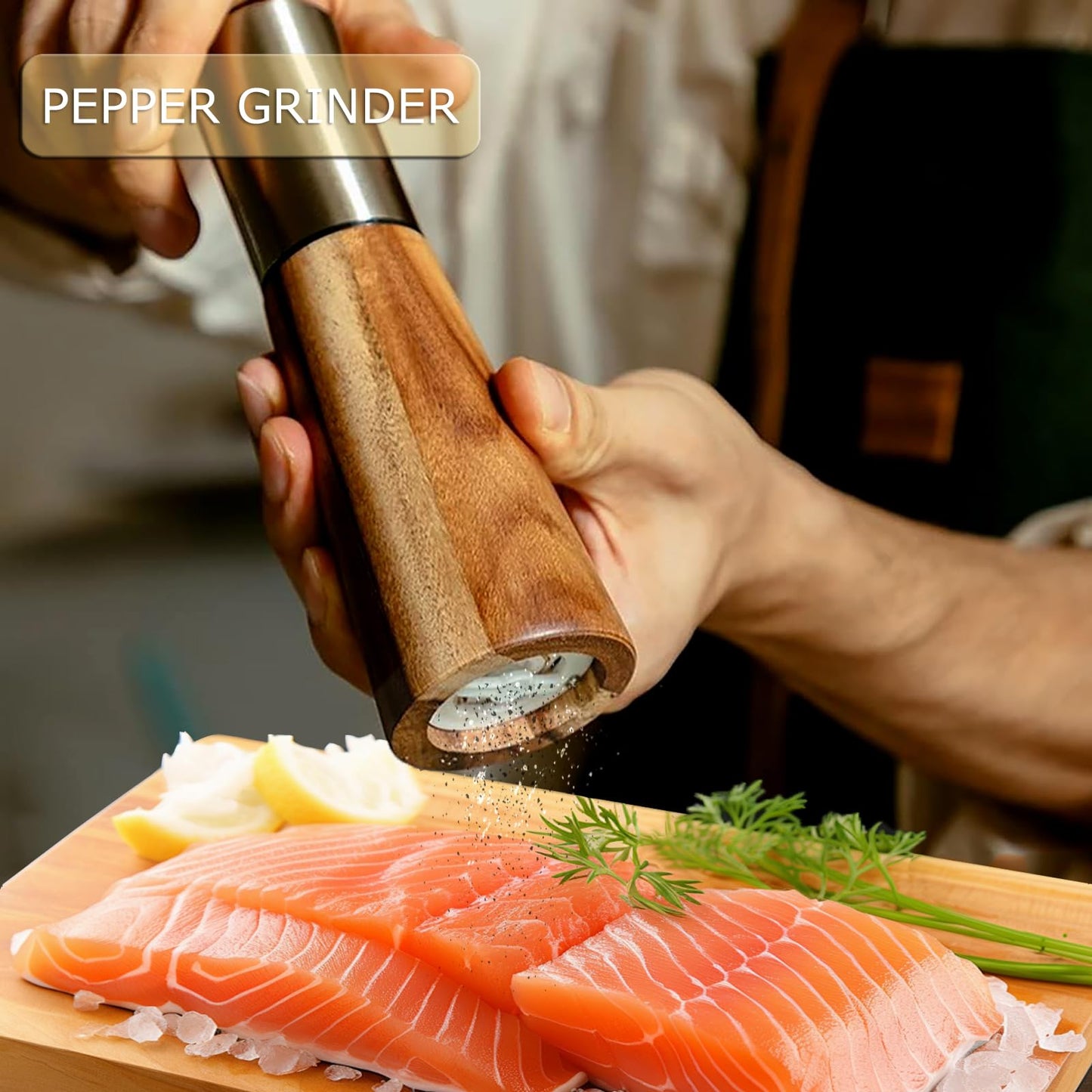 Salt and Pepper Grinder Set, Acacia Wooden Pepper Grinder with Adjustable Coarseness, Refillable Ceramic Blade Grind,Gold Pepper Mill for Kitchen (7.5IN- Acacia Wood-Base)