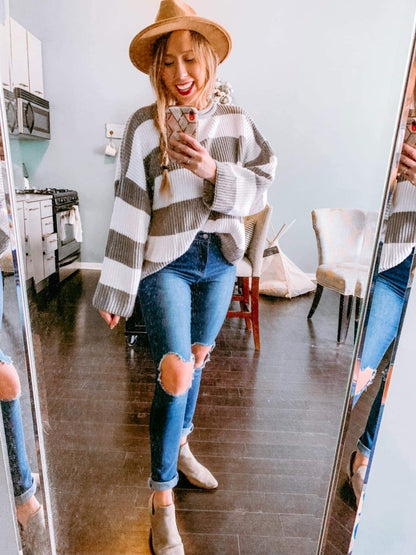 ZESICA Women's 2025 Fall Long Sleeve Oversized Striped Color Block Comfy Loose Crew Neck Knitted Pullover Sweater