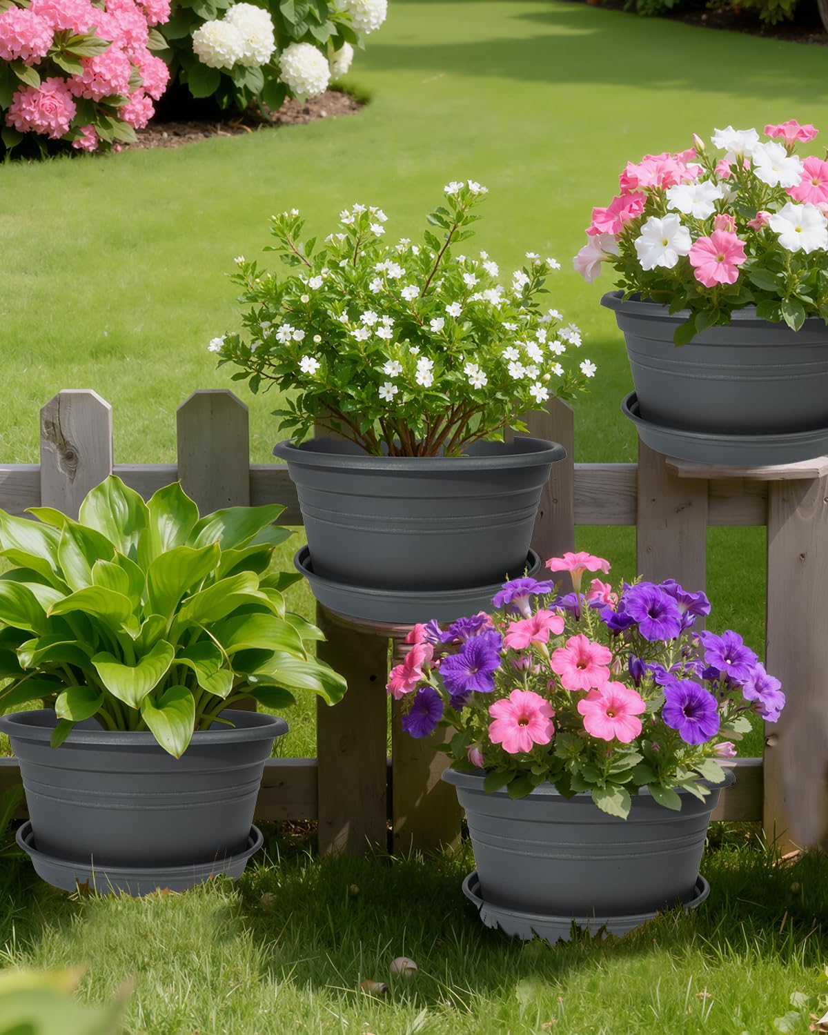 VIDELLY 10 Inch Gray Flower Pots 4-Pack, Plastic Planters with Drainage Hole & Tray, Indoor Outdoor Plant Pots for House Plants, Garden, Patio, Office Home Decor – Modern Decorative Plant Containers