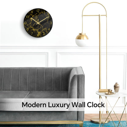 VIKMARI Black Modern Marble Texture Clock Gold Hands Rustic Kitchen Decor 12 Inch Wall Clock Battery Operated Non-Ticking Large Round Quartz Golden Decorative for Office Bedroom, Living Room
