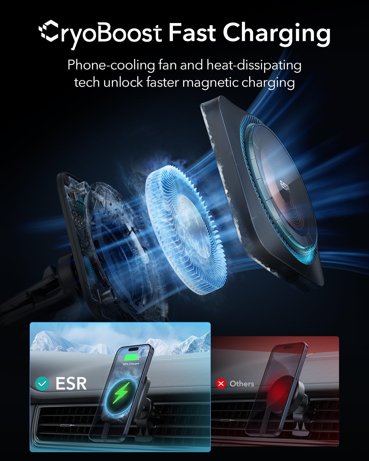 ESR for MagSafe Car Mount Charger with CryoBoost, Phone Cooling MagSafe Car Charger, Magnetic Wireless Car Charging, Air Vent/Dashboard Car Phone Holder for iPhone 16/15/14/13/12, S25, Fast Charging