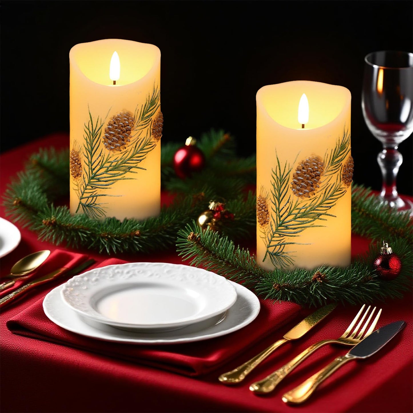 Eldnacele Christmas Flameless Candles with 6 Hour Timer, Battery Operated Hand Painted Pine Cone Real Wax 3D Wick Flickering LED Pillar Candles for Dinner Indoor Holiday Xmas Decor(2Pcs, D3×H5.7)
