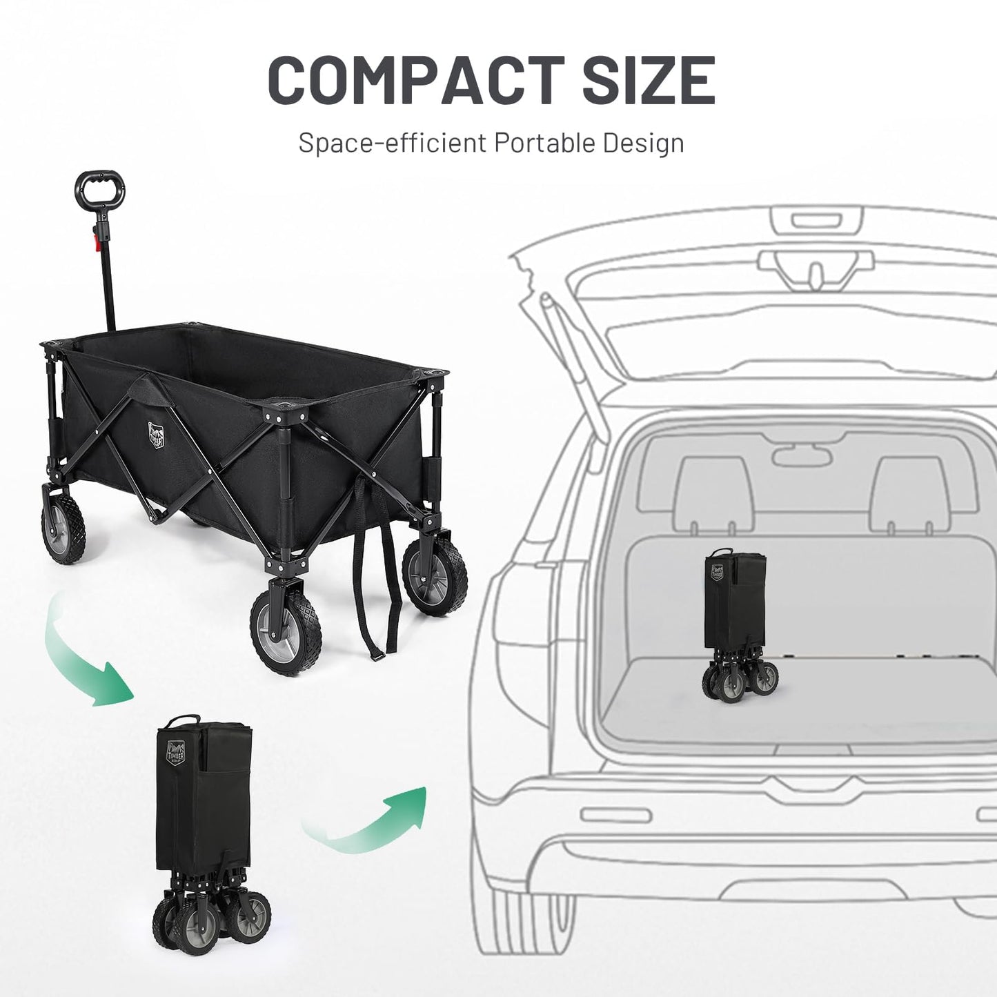 TIMBER RIDGE Festival Trolley on Wheels, 200L Folding Camping Wagon with Adjustable Handle & Cup Holder, Collapsible Beach Cart Foldable for Outdoor Garden Picnic Shopping 100KG Capacity, Black