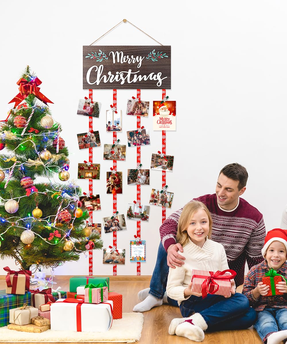 AKEROCK Christmas Card Holder Display, Christmas Wall Decor, Wooden Christmas Picture Frame with 30 Clips for Hanging Photos, Christmas Cards & Postcards, Xmas Holiday Wall Door Home Decor & Gift Idea