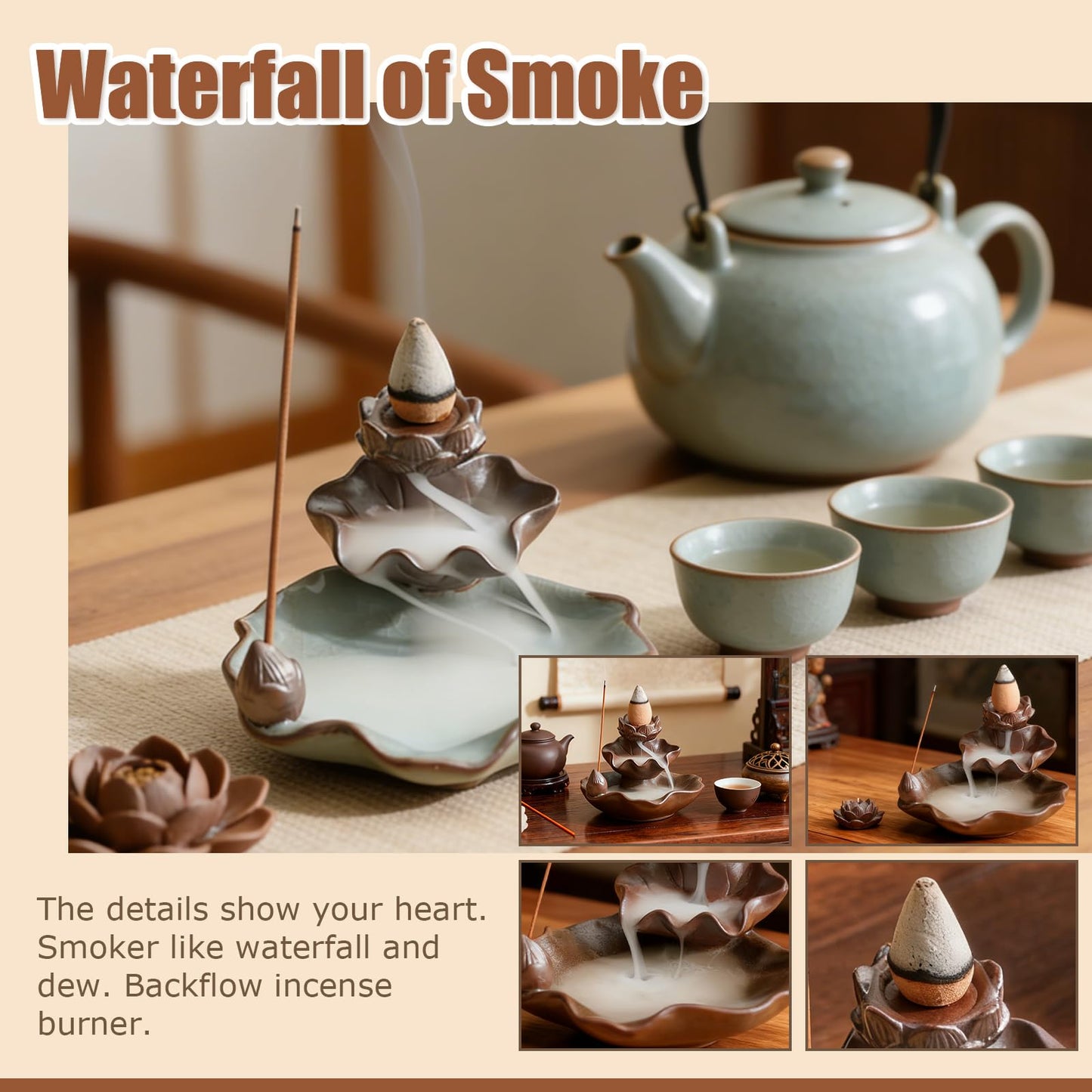 Waterfall Incense Burner, Lotus Backflow Incense Holder Ceramic Censer Cones Sticks Porcelain Holder for Home Décor, Meditation, Yoga, Spiritual Rituals (Light Blue)