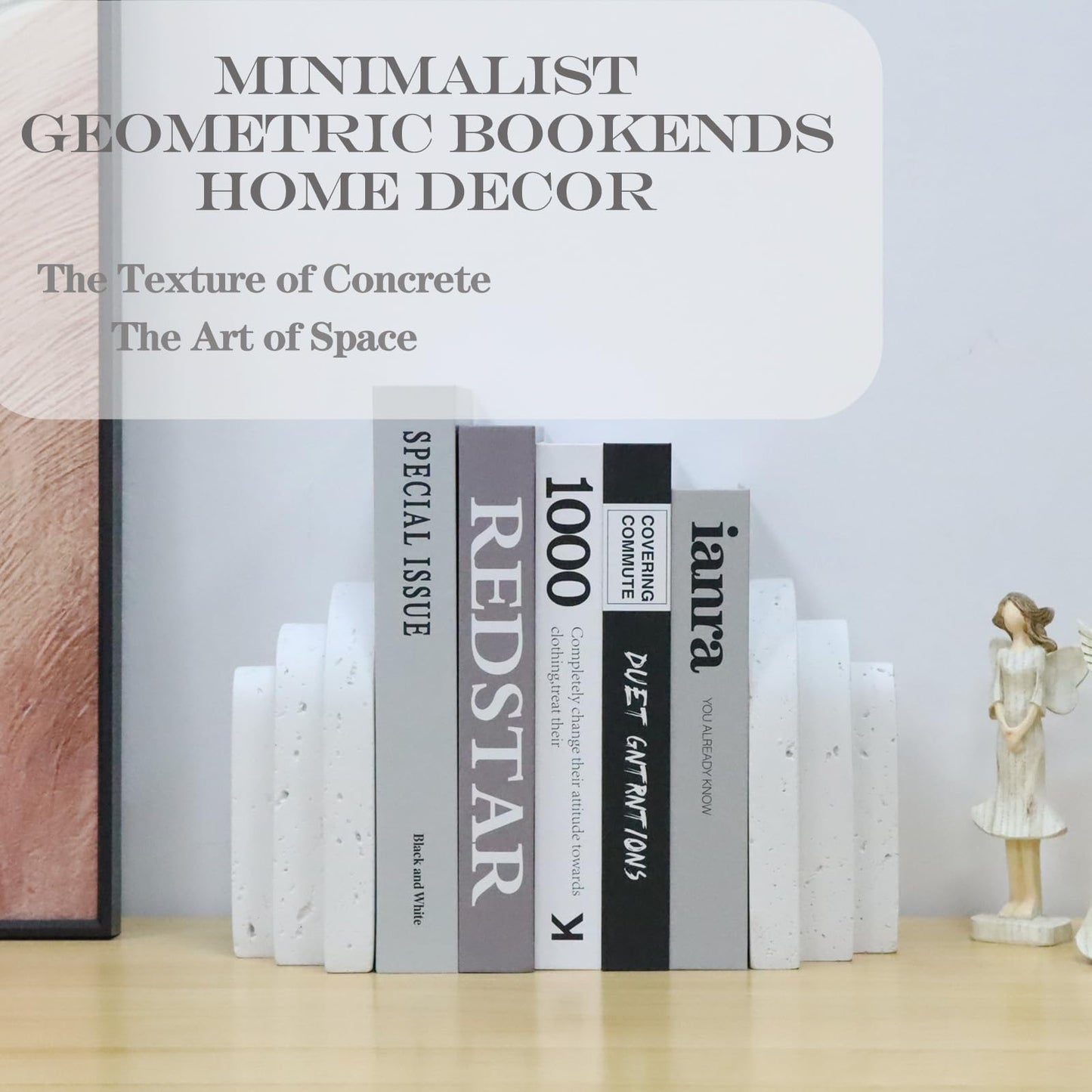 Iemegumi Decorative Book Ends for Shelves - Boho Aesthetic Bookends Decor - Heavy Duty Travertine Book Stopper Holder for Home Office Desk Coffee Table, Gifts for Book Lovers (White)