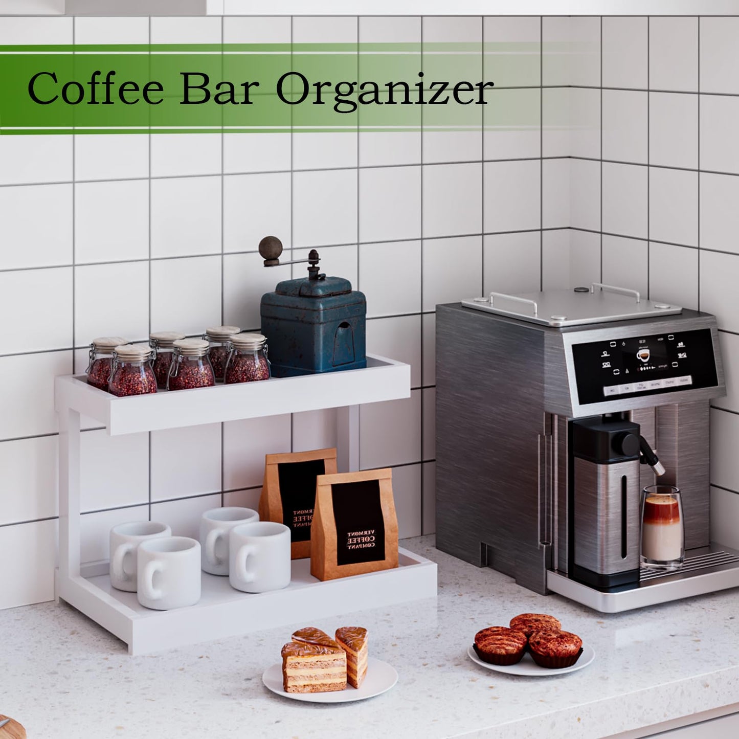 MARTY 2 Tier Spice Rack Organizer for Countertop, 15.8''L Coffee Station/Bathroom Organizer Countertop, Counter Shelf Desktop Storage Organizer for Kitchen, Bedroom, Office (Black)