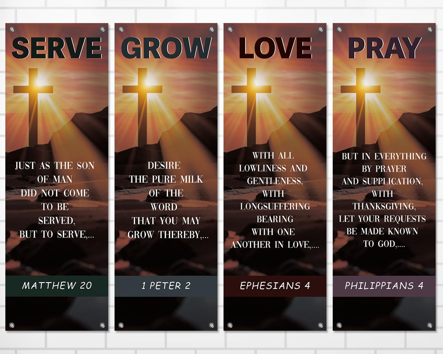 4Pcs Easter Church Banners for Sanctuary Wall Welcome Religious Banner Easter Serve Grow Love Pray Hanging Backdrop Cross Sunset Church Signs Scripture Bible Verse Banner for Christian School Decor