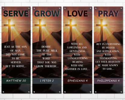 4Pcs Easter Church Banners for Sanctuary Wall Welcome Religious Banner Easter Serve Grow Love Pray Hanging Backdrop Cross Sunset Church Signs Scripture Bible Verse Banner for Christian School Decor