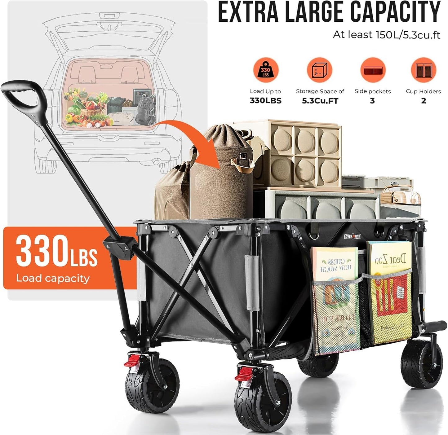 Overmont 150kg Festival Camping Trolley on Wheels - Heavy Duty Folding Wagon Cart with Extra Wide Wheels, 330lbs Capacity, Adjustable Handle, Portable for Outdoor, Garden, Shopping, Beach - Black