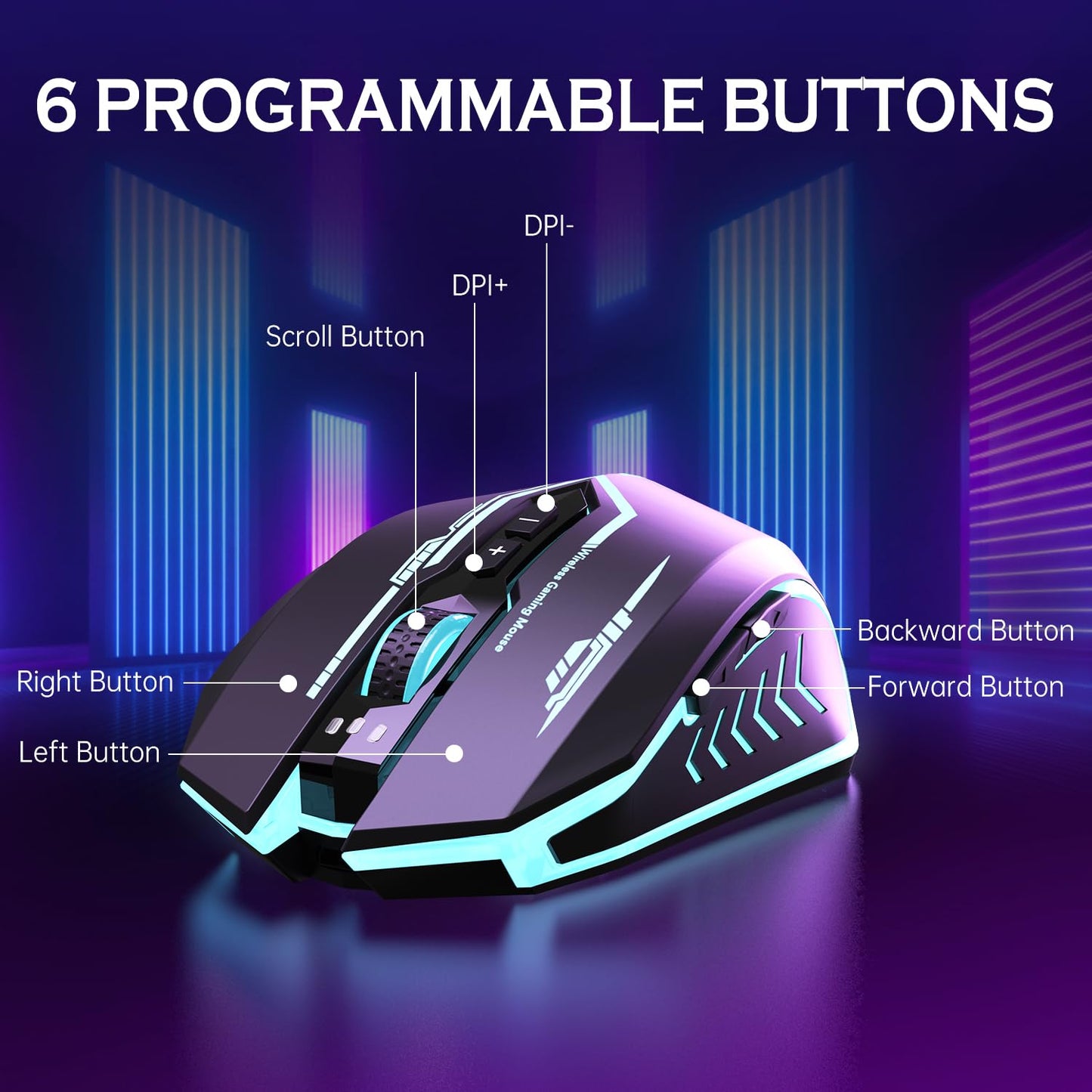 UHURU Wireless Gaming Mouse Up to 12000 DPI, Rechargeable USB-C Wireless Mouse with 7 Buttons 7 Dynamic LED Color Ergonomic Programmable MMO RPG for PC Laptop, Compatible with Windows Mac