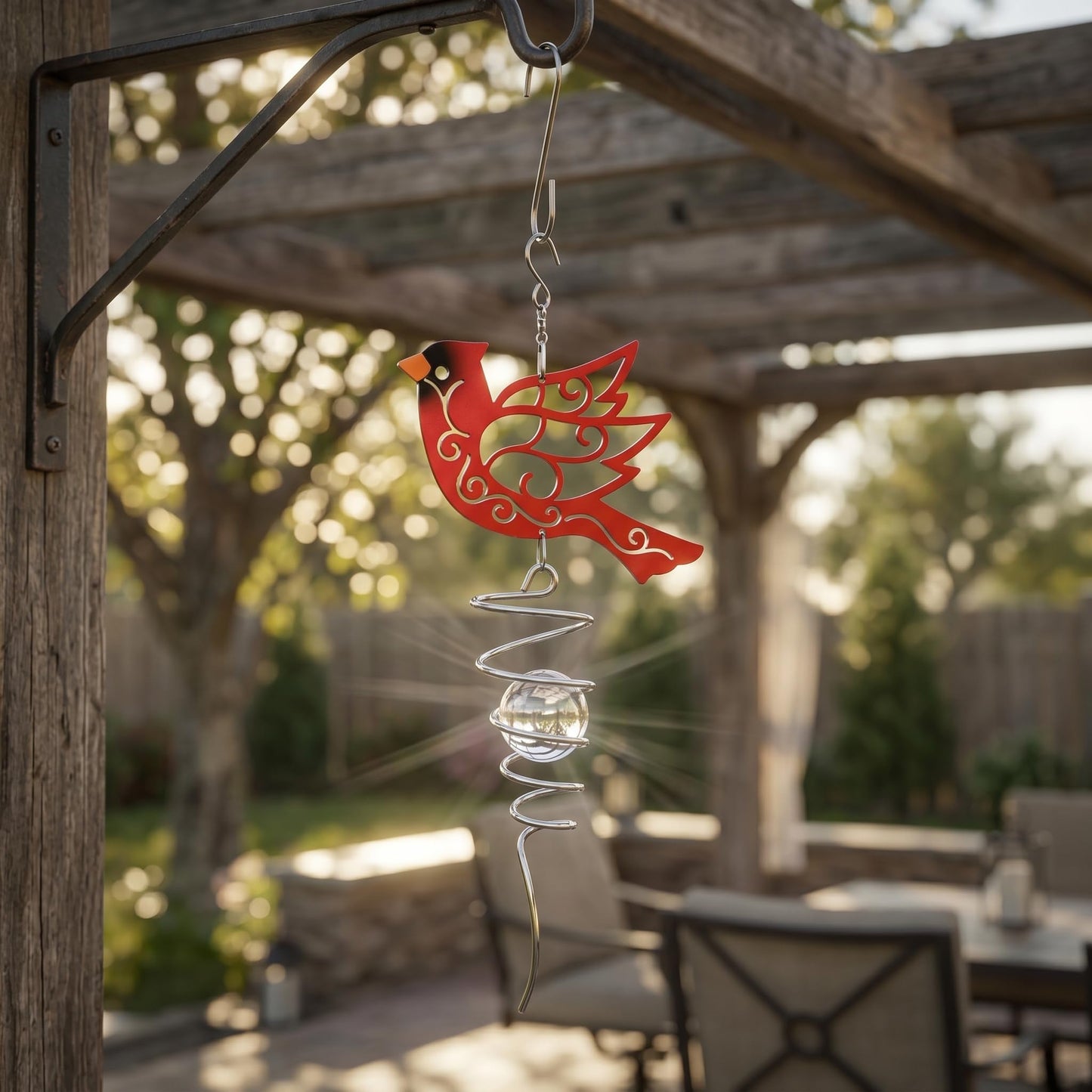 Topadorn Cardinal Wind Spinner with Crystal Glass Ball, 18" Metal Hanging Bird Spinner for Garden, Patio, Porch & Memorial Outdoor Decor