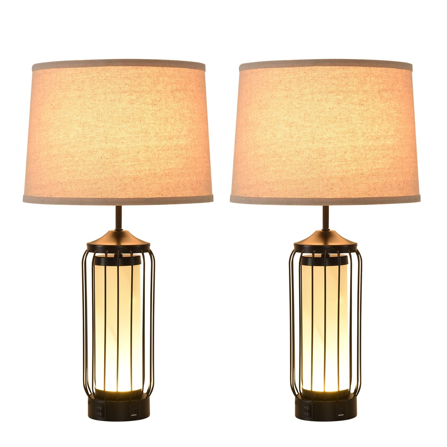 WELAISA-2 Pack Farmhouse Table Lamps for Living Room, Rustic Nightstand Lamp for Bedroom with USB A+C Charging Ports, Frosted Glass Bedside Lamp with Night Light for Entryway End Table