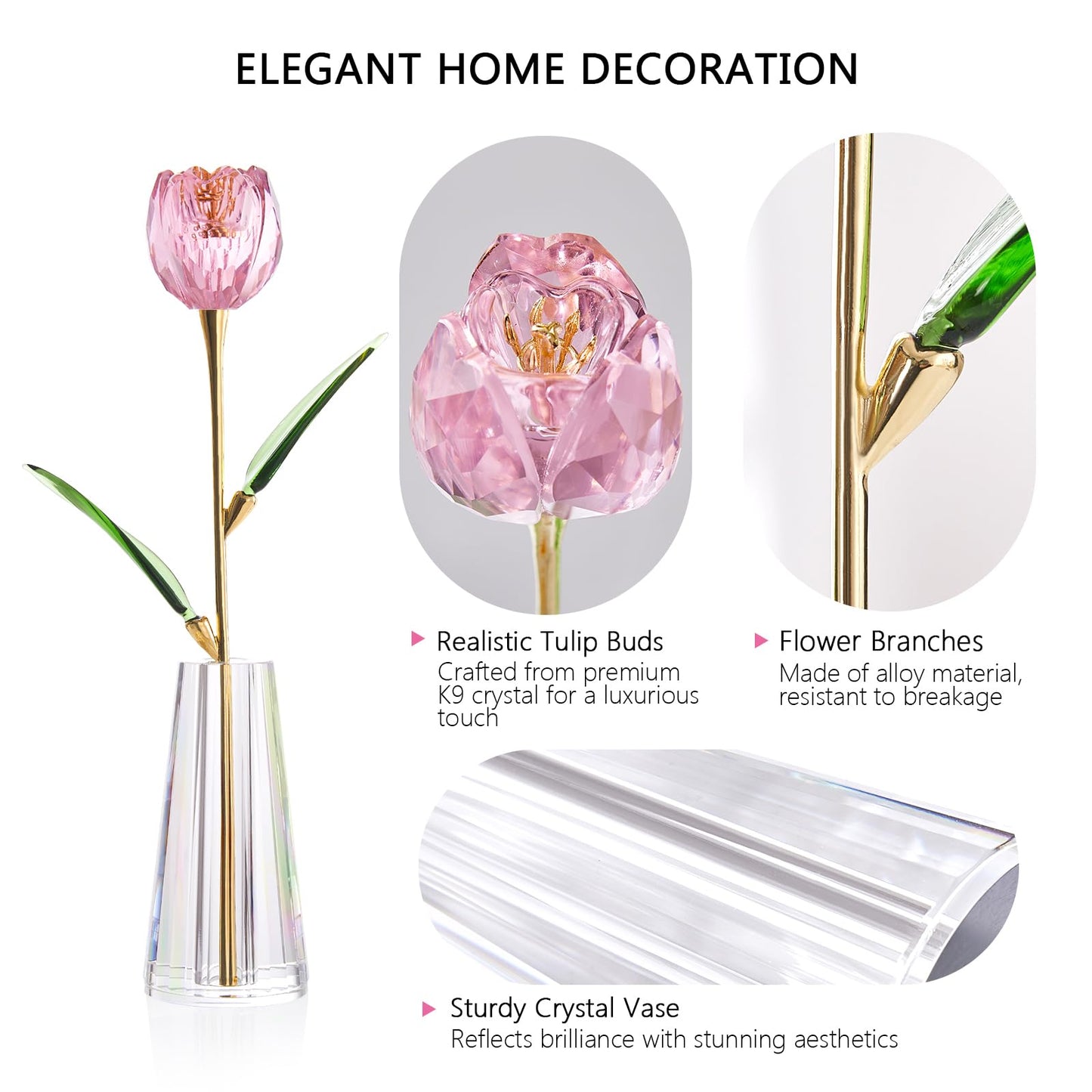 RONG KRISTO Crystal Tulip Collectible Figurines Glass Flower with Vase Artificial Flowers Home Decor Gift for Women Mom（Pink）