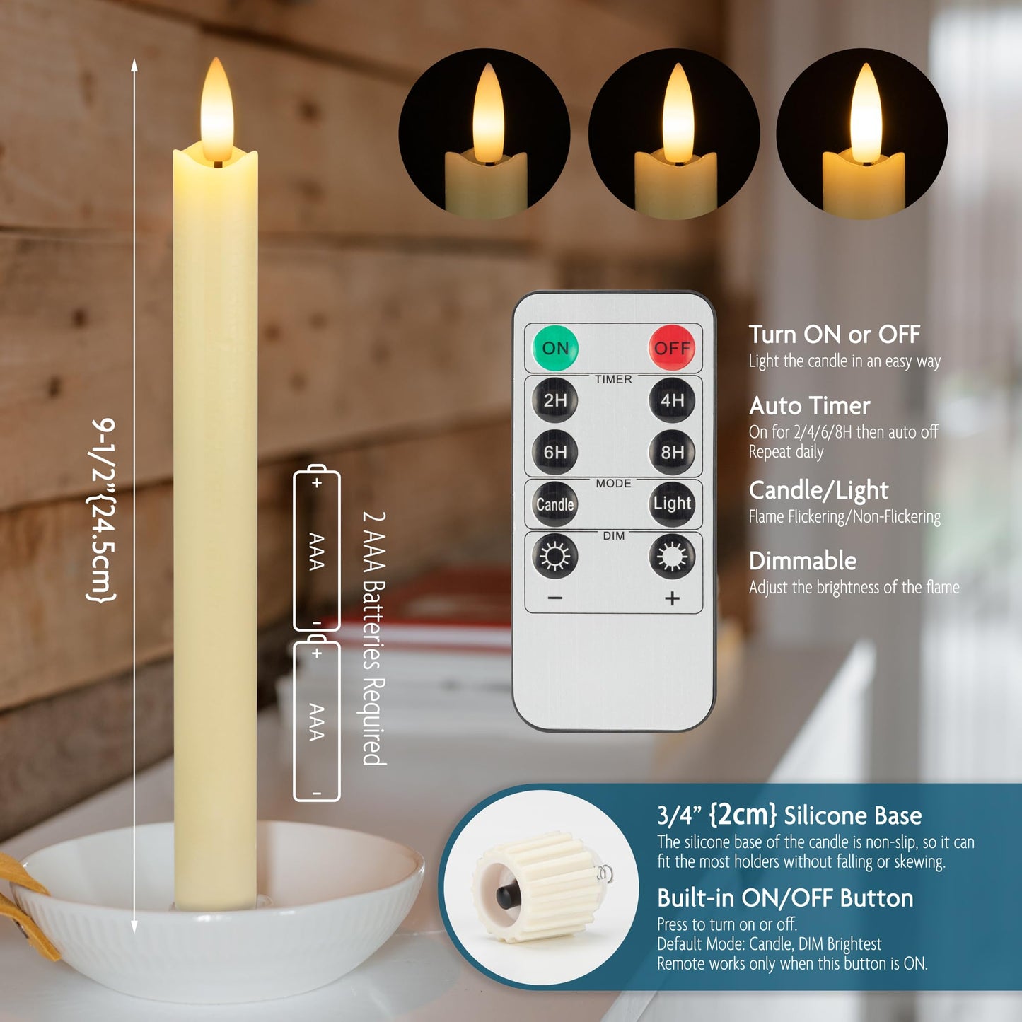 SEHNSY Flameless Taper Candles with Remote, Real Wax Battery Operated LED Candles with 3D Flickering Flame, 9.6" 3PCS Ivory Realistic Dripless Candlesticks for Home Wedding Decor, Mother's Day Gifts