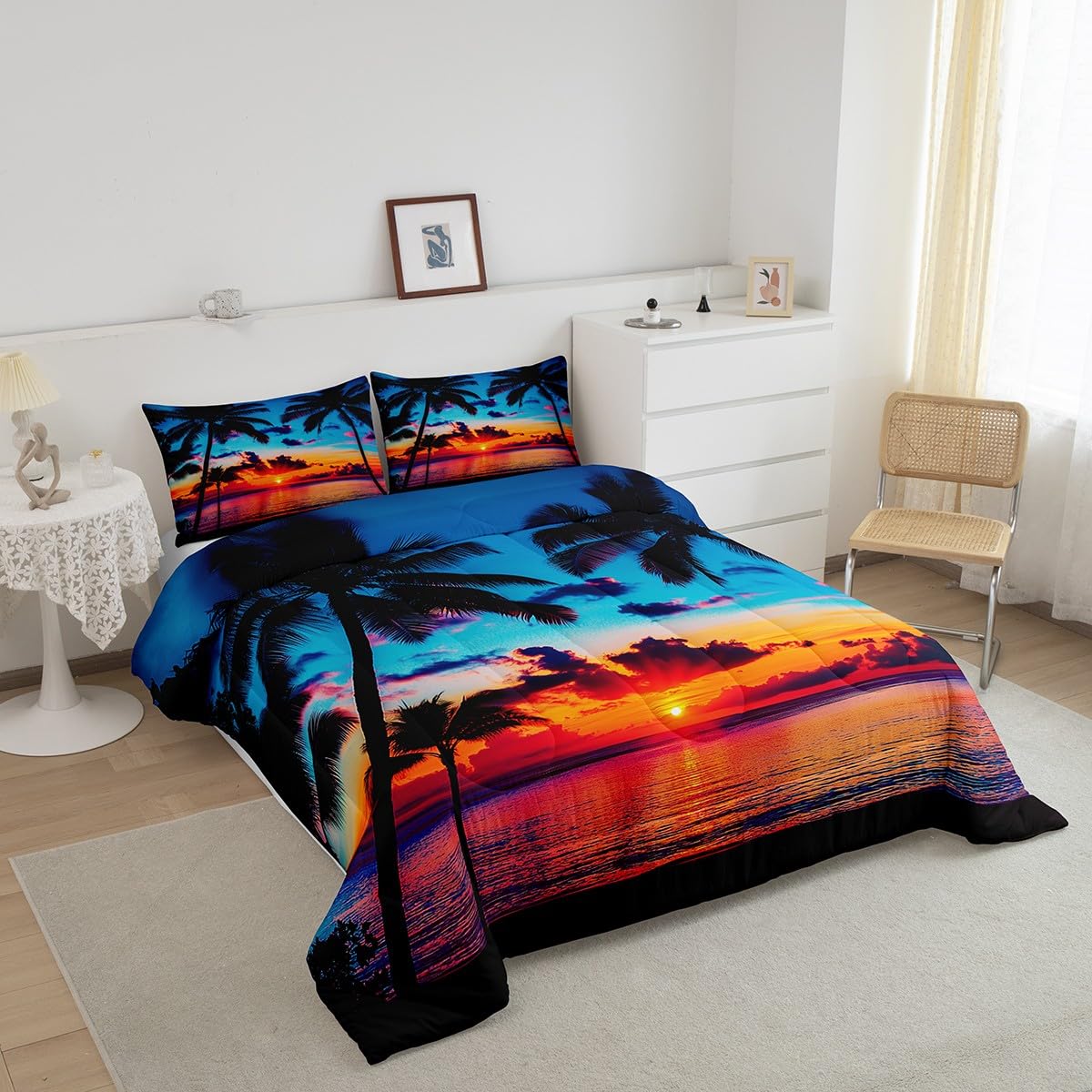 Feelyou Ocean Beach Themed Bedding Set Twin Size,Tropical Sunset Beach with Palm Trees Comforter Set,Peaceful Sea Marine Palm Tree Comforter Bright Hawaii Style Duvet Set 1 Comforter 1 Pillowcase