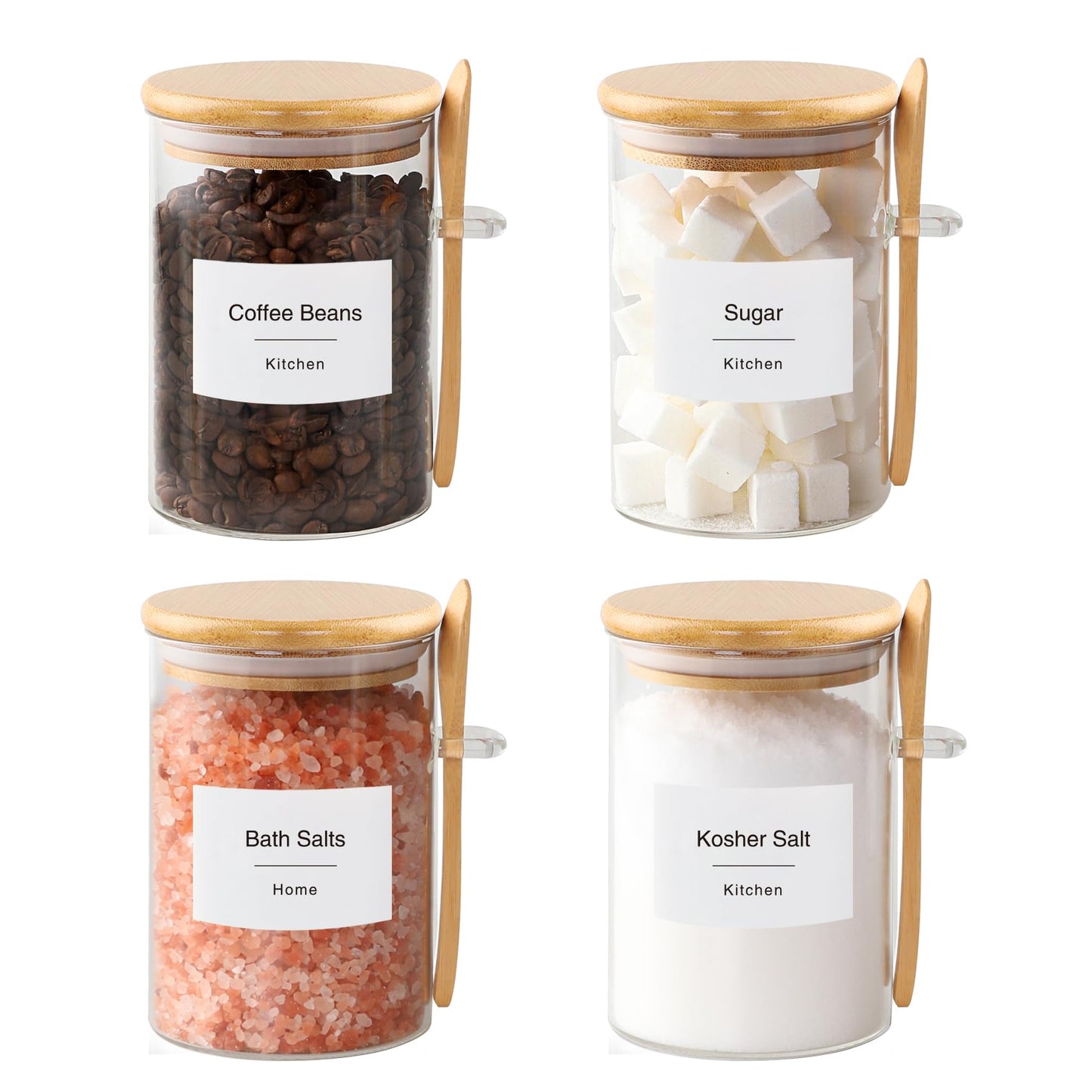 TIPGO Sugar Jar Bath Salt Container – 17 oz Glass Jar with Bamboo Lid and Spoon, Sugar Cube Holder and Canister for Countertop, Glass Containers for Coffee Beans, Tea and Overnight Oats (4 Pack)