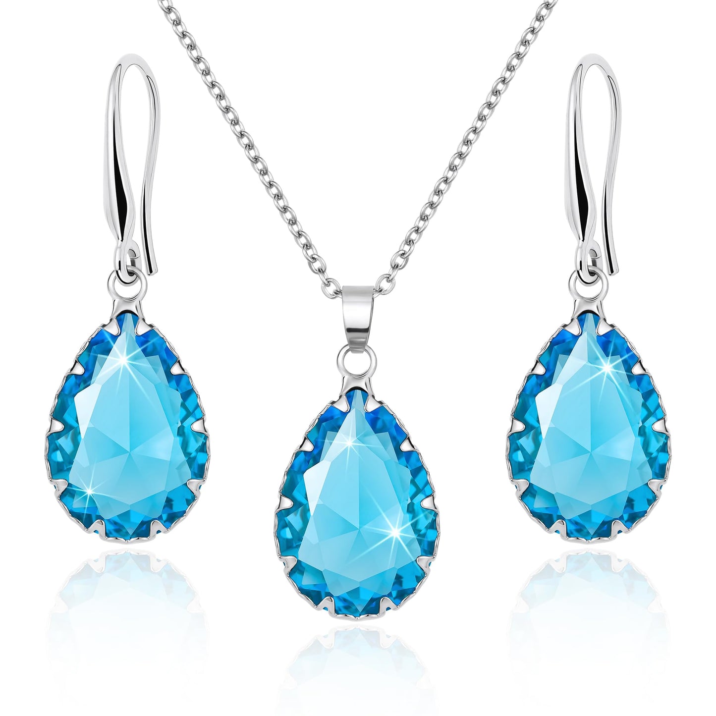 Linawe Silver Jewelry Sets for Women, Aquamarine Blue Necklace and Earring Set, Birthstone Crystal Imitation Diamond Pendant Necklace Set, Tear Drop Earrings Jewelry Set Costume
