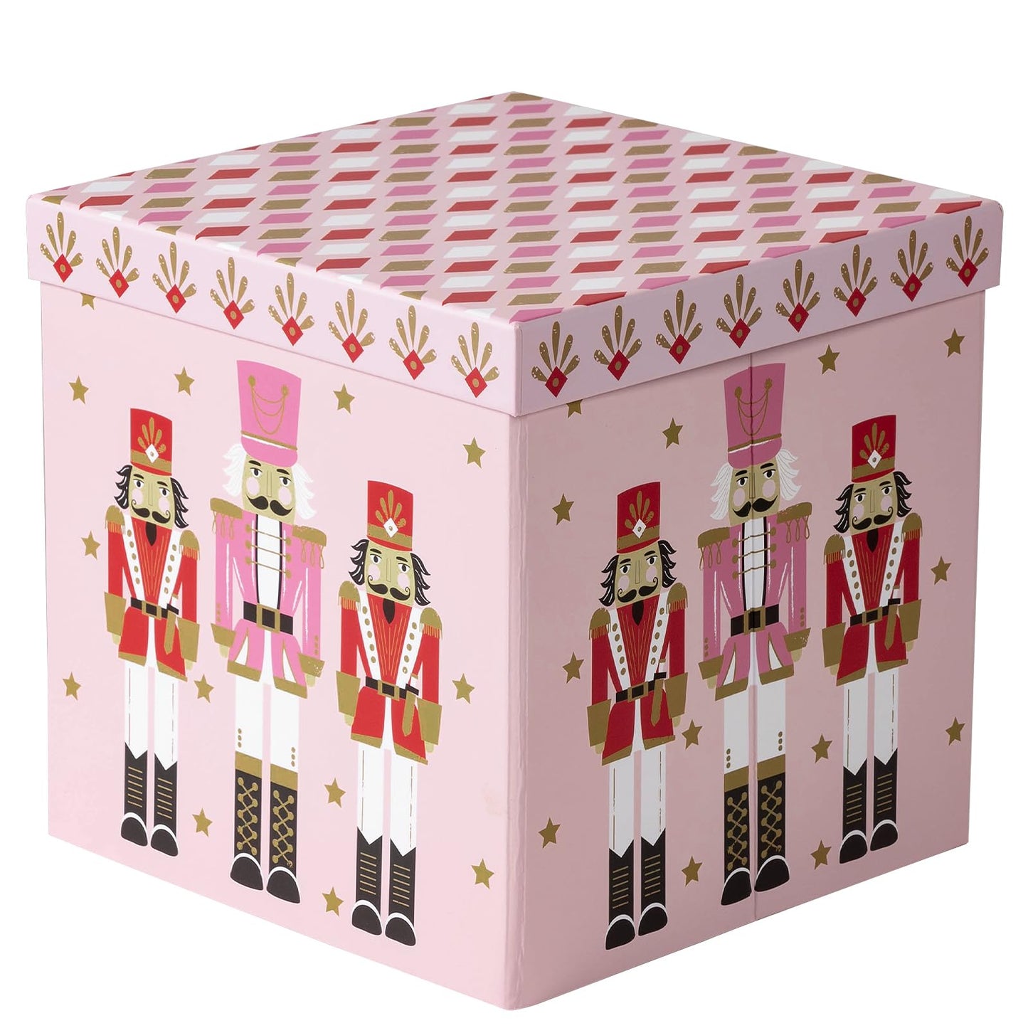 RUSPEPA Christmas Gift Box with Lid, Pink Nutcracker Soldier Design and Diamond Pattern Lid, Medium Collapsible Box with Ribbon, Tissue Paper for Girls, Gift Wrap, Candy Storage, 9x9x9 Inches, 1 Pcs