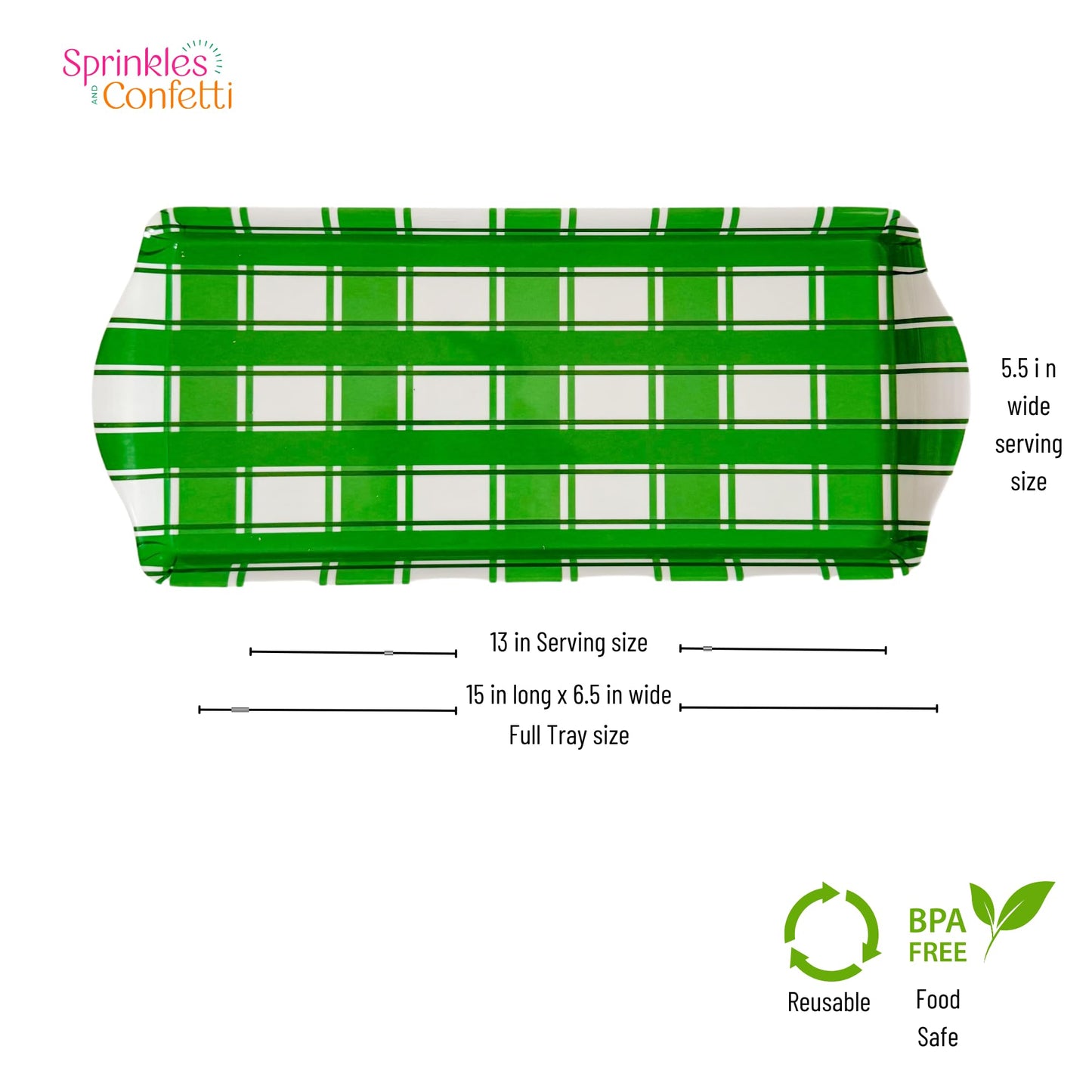 Sprinkles & Confetti Green Plaid Melamine Tray with Handles | Festive All-Season Platter for Easter, Summer, Birthdays, Outdoor & Indoor | BPA-Free, Shatter-Resistant & Lightweight