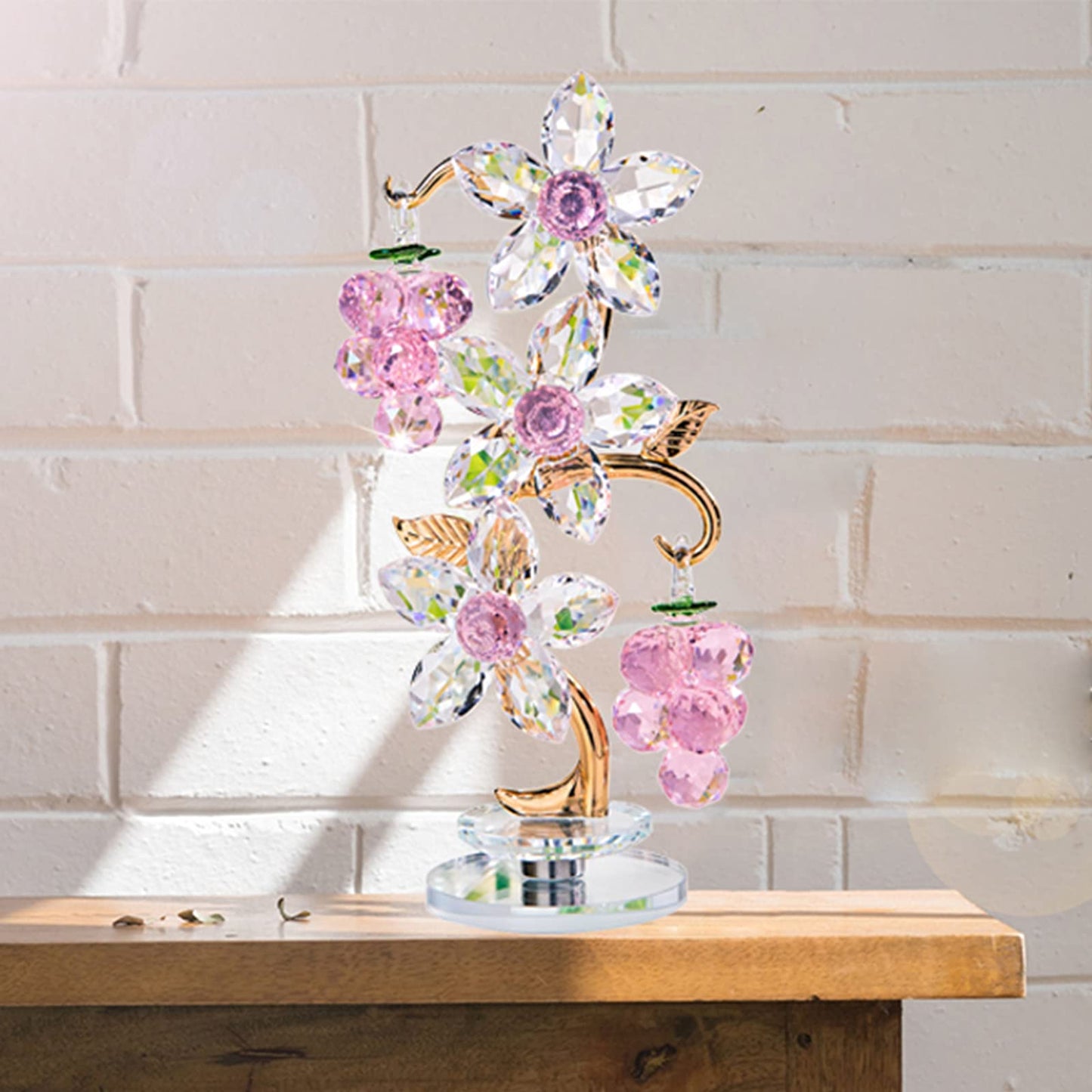 Rotating Pink Crystal Grape Figurine Table Centerpiece Decor
