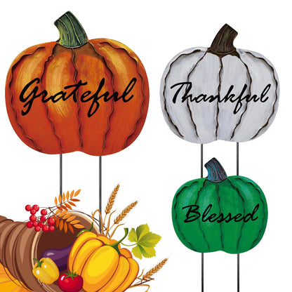 MorningRo 3 Pcs Thanksgiving Fall Yard Signs Outdoor Metal Pumpkin Decorative Garden Stakes, 28''+26''+24'' H Waterproof Pumpkin Yard Decoration for Outside Porch Patio Lawn Autumn Harvest Halloween