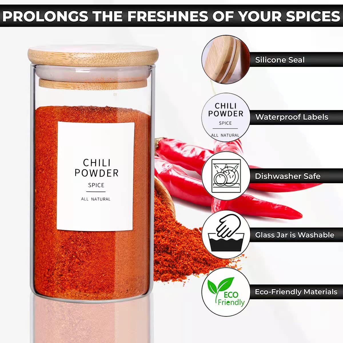 Glass Spice Jars with Bamboo Lids - 20 Pcs Thicken(2.4mm) 4oz Airtight Seasoning Containers with 131 Waterproof Minimalist Spice labels Preprinted - Small herb Jars for Pantry Organization and Storage