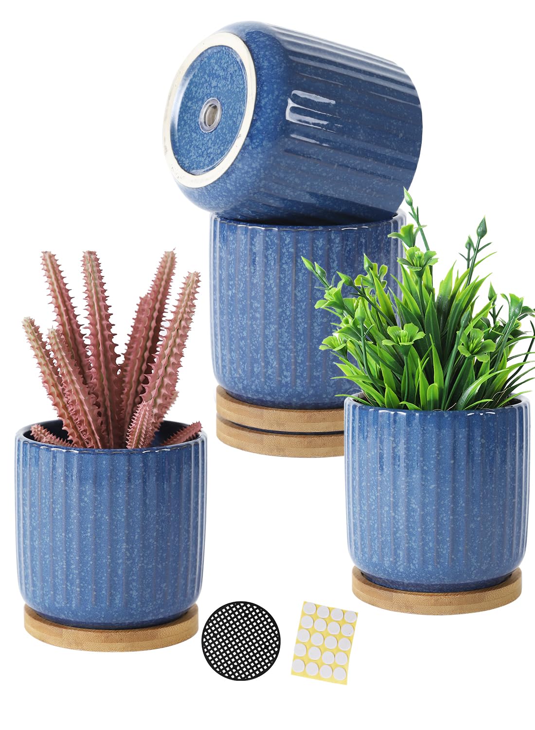 TAMAYKIM 4 Inch Cylinder Ceramic Plant Pots with Drainage Holes & Saucers, Glazed Small Boho Planters with Trays for Indoor Flower, Snake Plants, Succulent, Cactus, Blue, Set of 4
