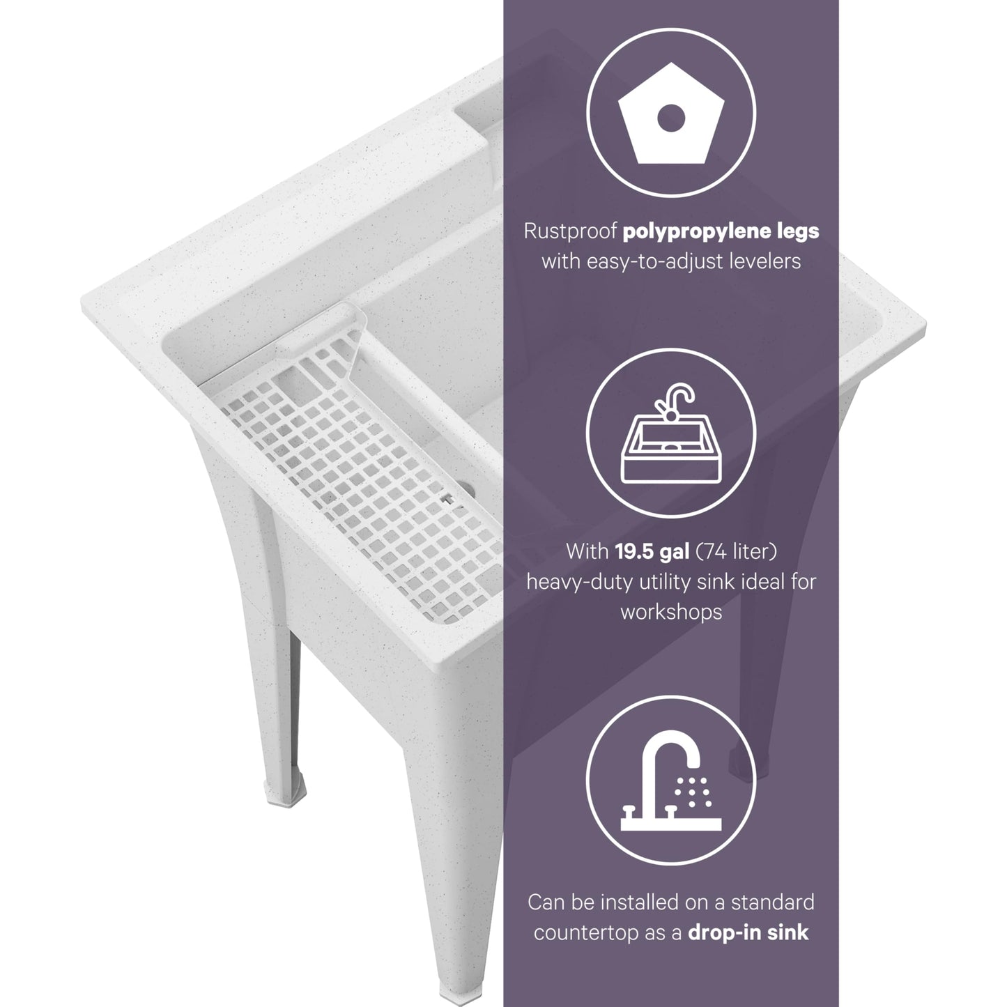 Freestanding Utility Sink with Stainless Steel Gooseneck Faucet - 24" Plastic Utility Sink for Garage, Laundry, Indoor and Oudoor Use - Laundry Tub Kit by Noah William Home - White (19.5 gal)