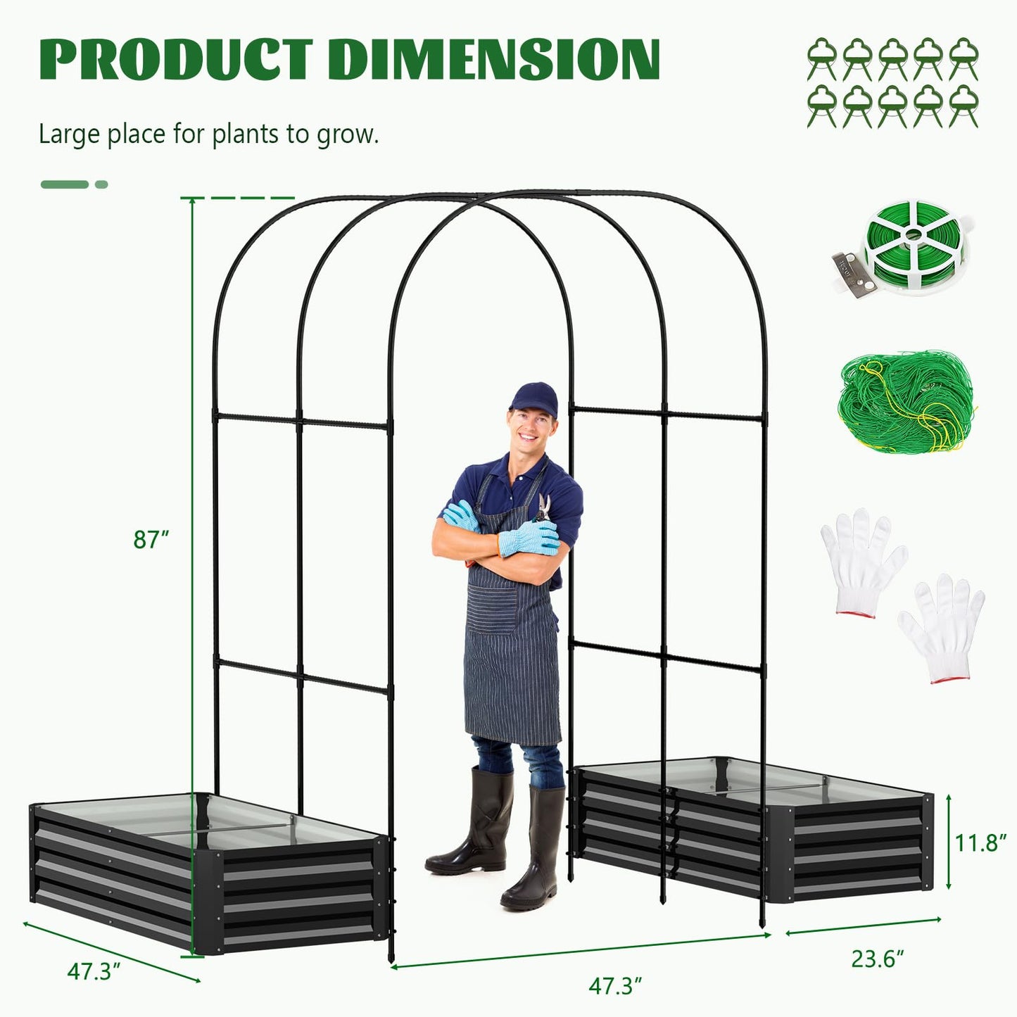 UrGROWA 3 in 1 Galvanized Raised Garden Bed with 87" H Arch Trellis for Climbing Plants, Outdoor Gardening Planter Box with Climbing Net for Flower Vegetables Fruits Herbs, Black