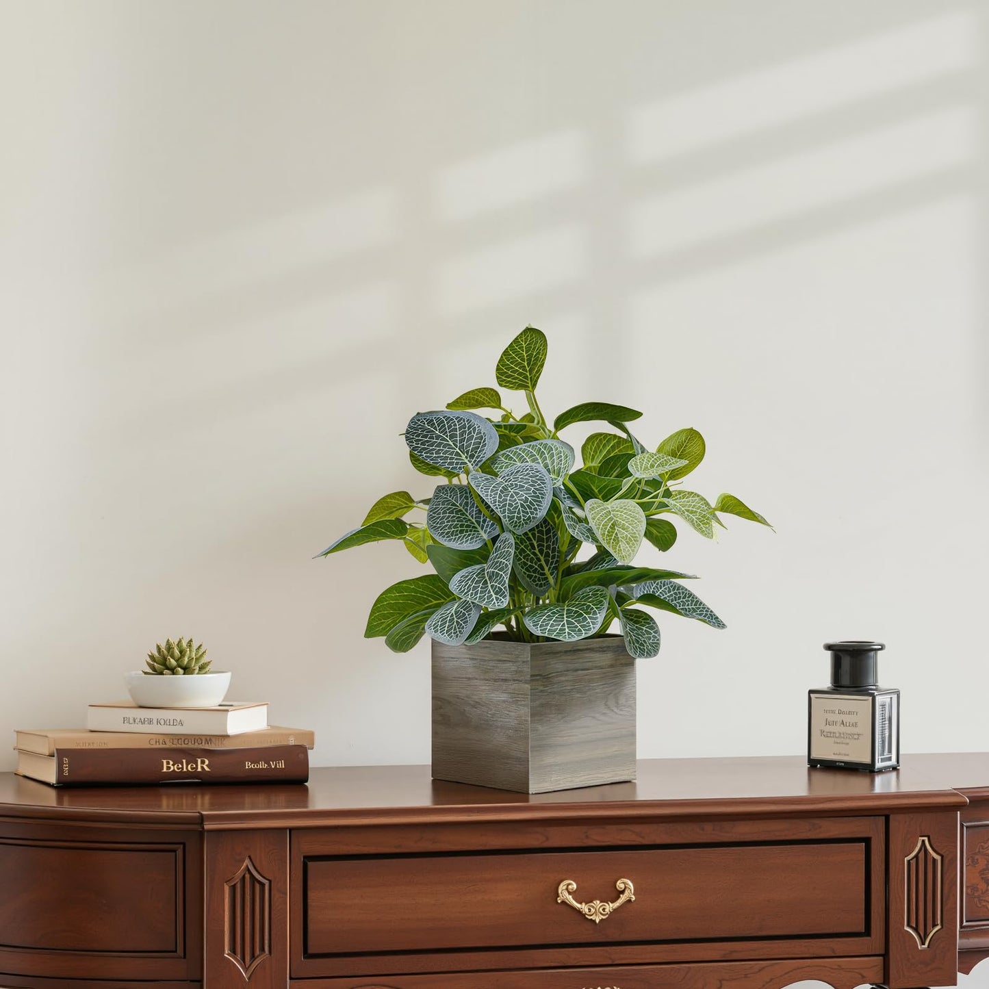 Nztze 2 Pack 12" Medium Eucalyptus Fake Plants, Artificial Plants Indoor with 4 Inch Wooden Planters, Faux Potted Plants for Home Decor, Desk, Shelves, Desktop, Coffee Table, Bedroom