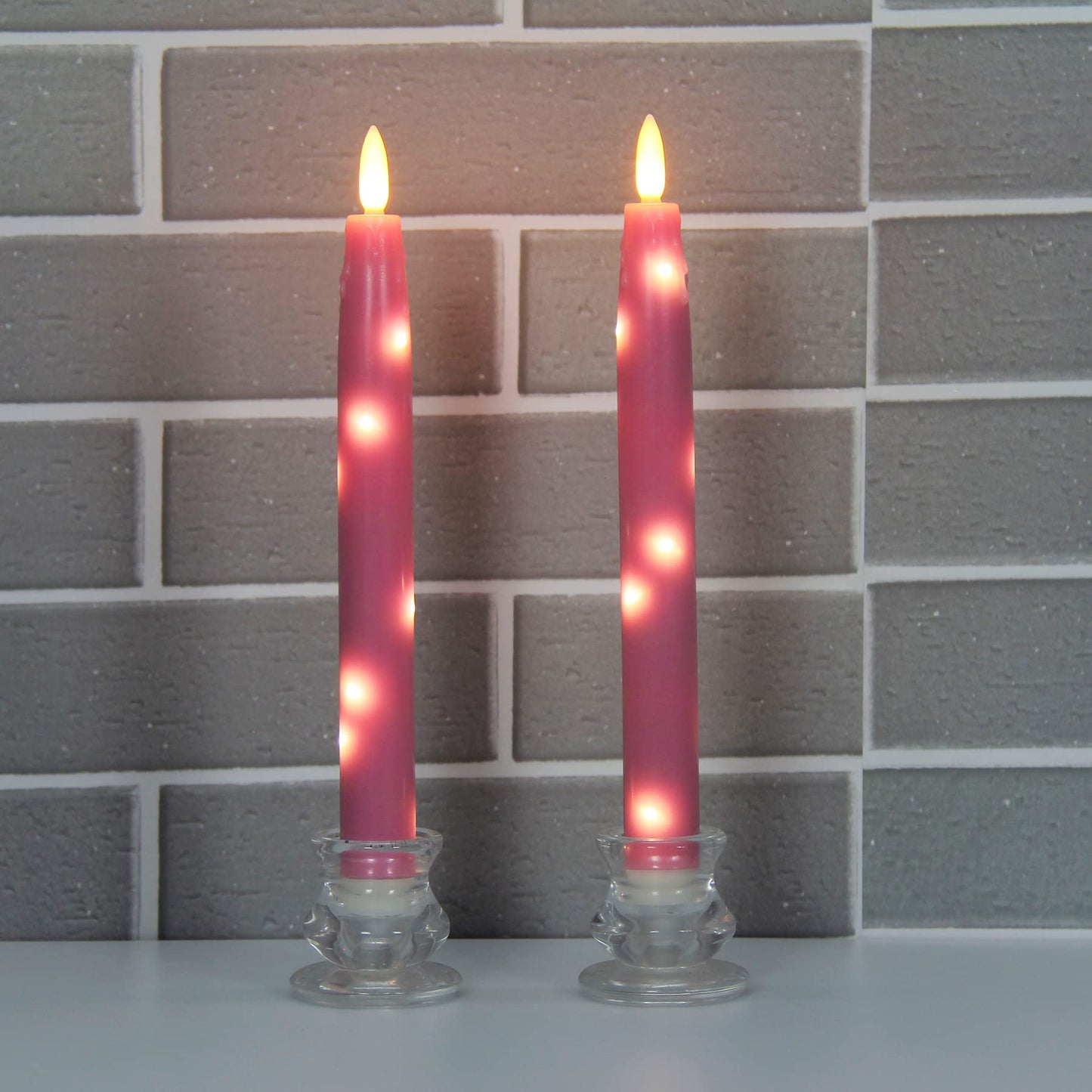 HVTDECOR Flameless Flickering Taper Candles Battery Operated with Embedded String Lights, wtih Timer and Remote, LED Real Wax Tapered Dinner Candle Set of 2 (Pink)