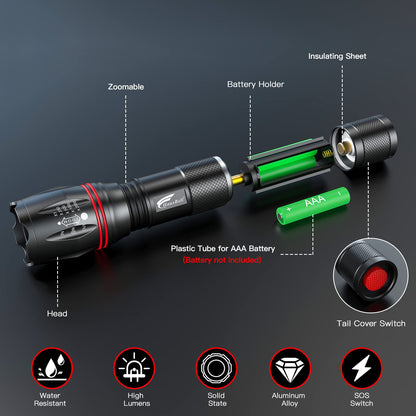 HAUSBELL LED Torch 2000 Lumens (2 Pack), Super Bright Flashlight with 5 Modes, Zoomable Focus, Battery Powered, Water-Resistant Tactical Torch for Camping, Hiking & Emergency Use