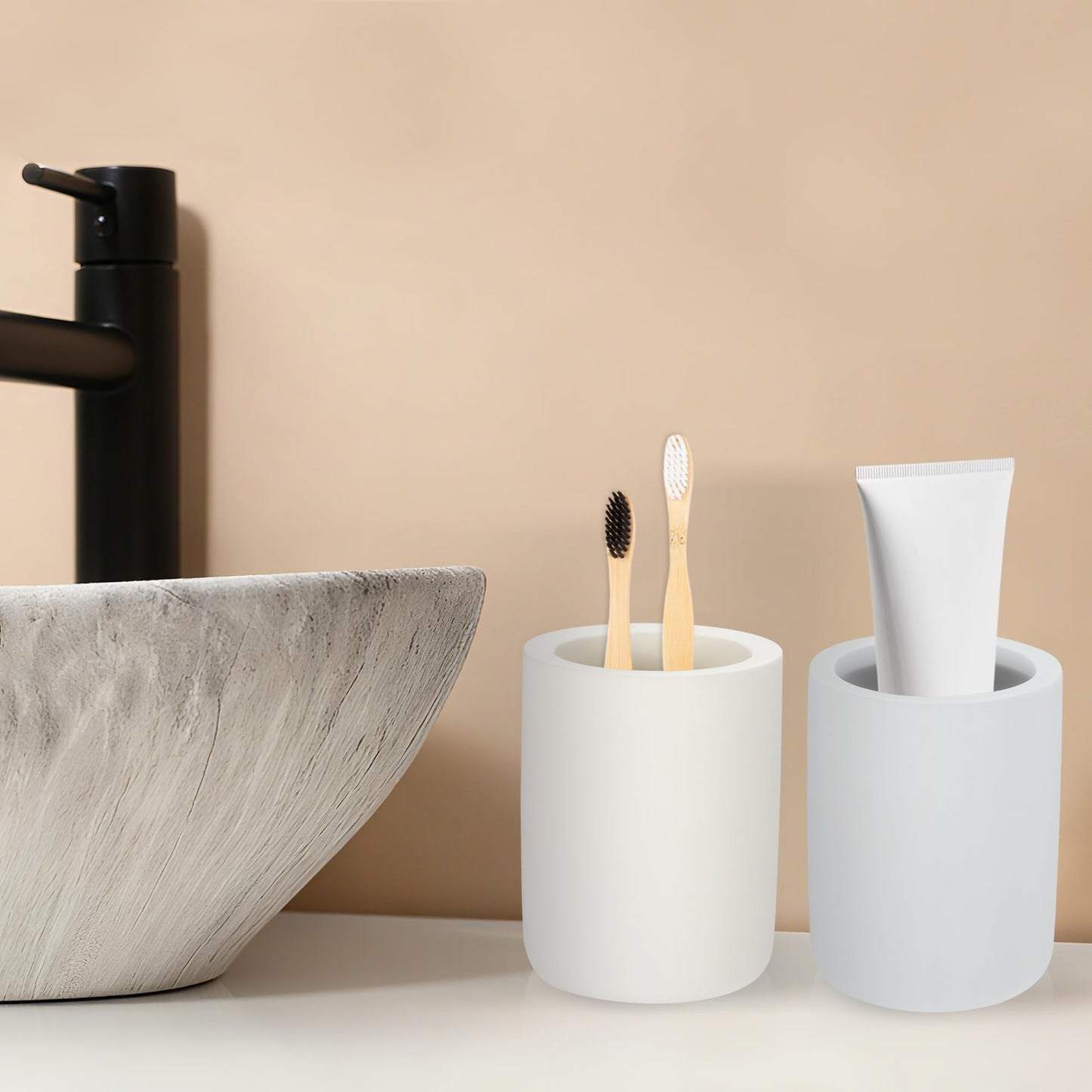 RENEWREVITAL Toothbrush Holder, Diatomite Bathroom Organizer, Toothbrush & Toothpaste Holder Cup, Vanity Storage Solution for Bathrooms, Beige, 1Pc