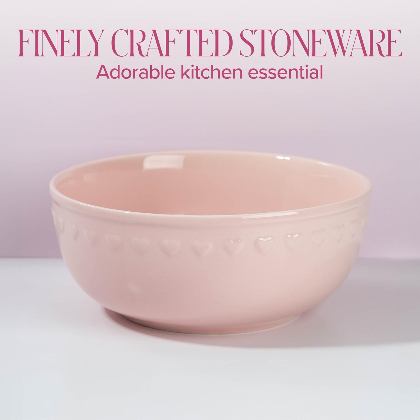 Paris Hilton Ceramic Serving Bowl, Iconic Stoneware with Heart Detailing, Microwave & Dishwasher Safe, 10-Cup Capacity, 9.25 Inch Diameter, Pink