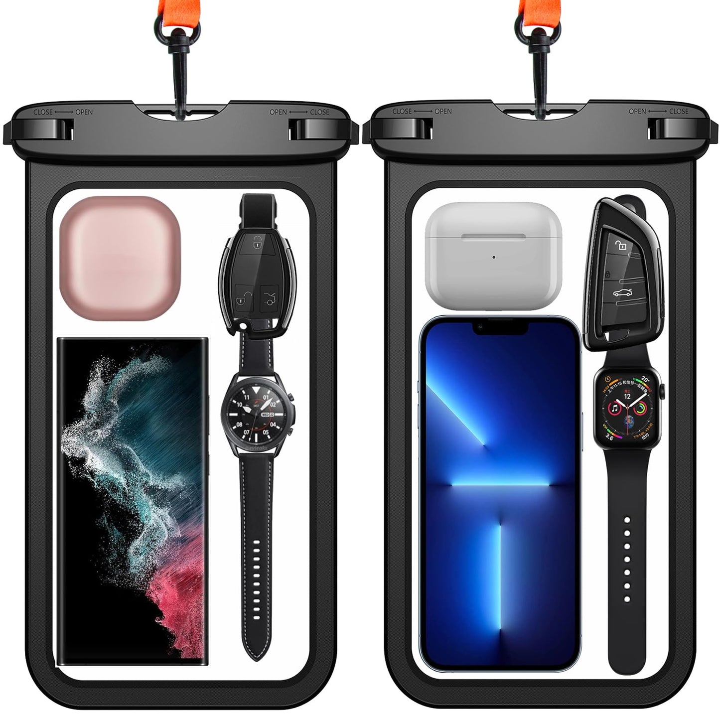 Temdan 2 Pcs Waterproof Phone Pouch, [Up to 10" Large] Universal IPX8 Waterproof Cell Phone Case Dry Bag with Lanyard for iPhone 16 Pro Max/16E/15/14/13,Galaxy S25 Ultra/S24/S23 for Vacation -Black
