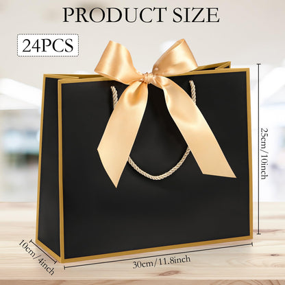 Silkfly 12 Pcs Thank You Gift Bags with Handle 12x10x4'' Welcome Elegant Gifts Bag with Bow Ribbon for Mother's Day Wedding Graduation Bridesmaid Baby Shower Birthday Housewarming (Black)