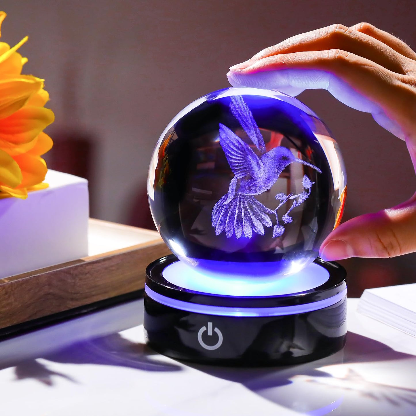 YWHL 3D Crystal Ball Hummingbird Figurine with LED Base, Hummingbird Gifts for Women Men on Christmas Birthday, Hummingbirds Ornament Glass Decorative Ball for Home Decor (80mm)
