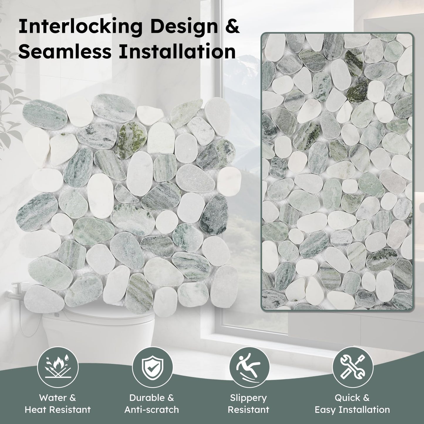 Diflart Natural Pebble Stone Tile for Shower Floor, Emerald Green Oval, 4 Sheets, Sliced Pebble Mosaic Backsplash for Kitchen Bathroom Floor and Wall Tile