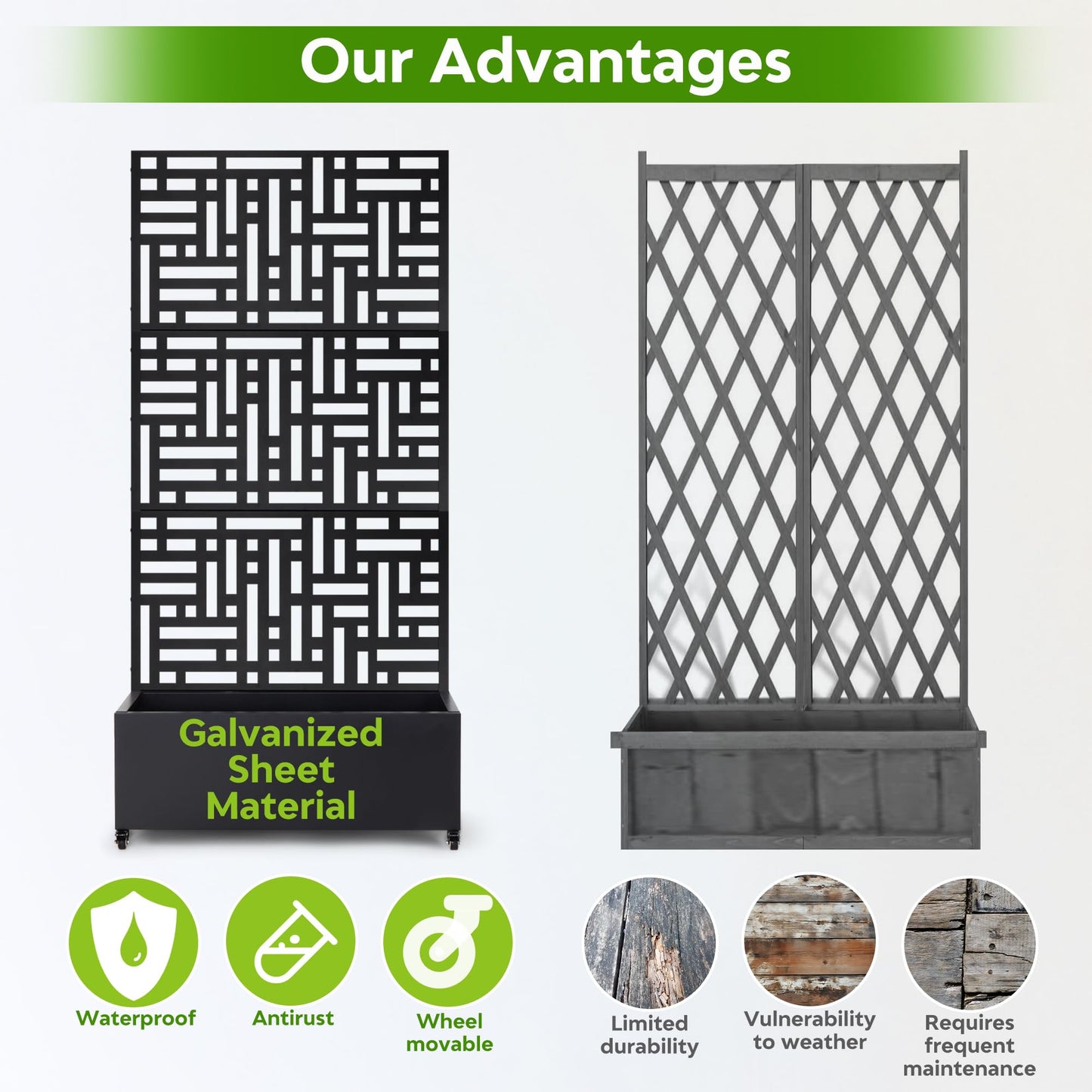 SERdeerCH Metal Planter Box with Trellis,71”Raised Garden Bed with Trellis Privacy Screen and Drainage.Wheeled for Patio Flexibility,for Climbing Veggies/Flowers.DIY-Friendly Design