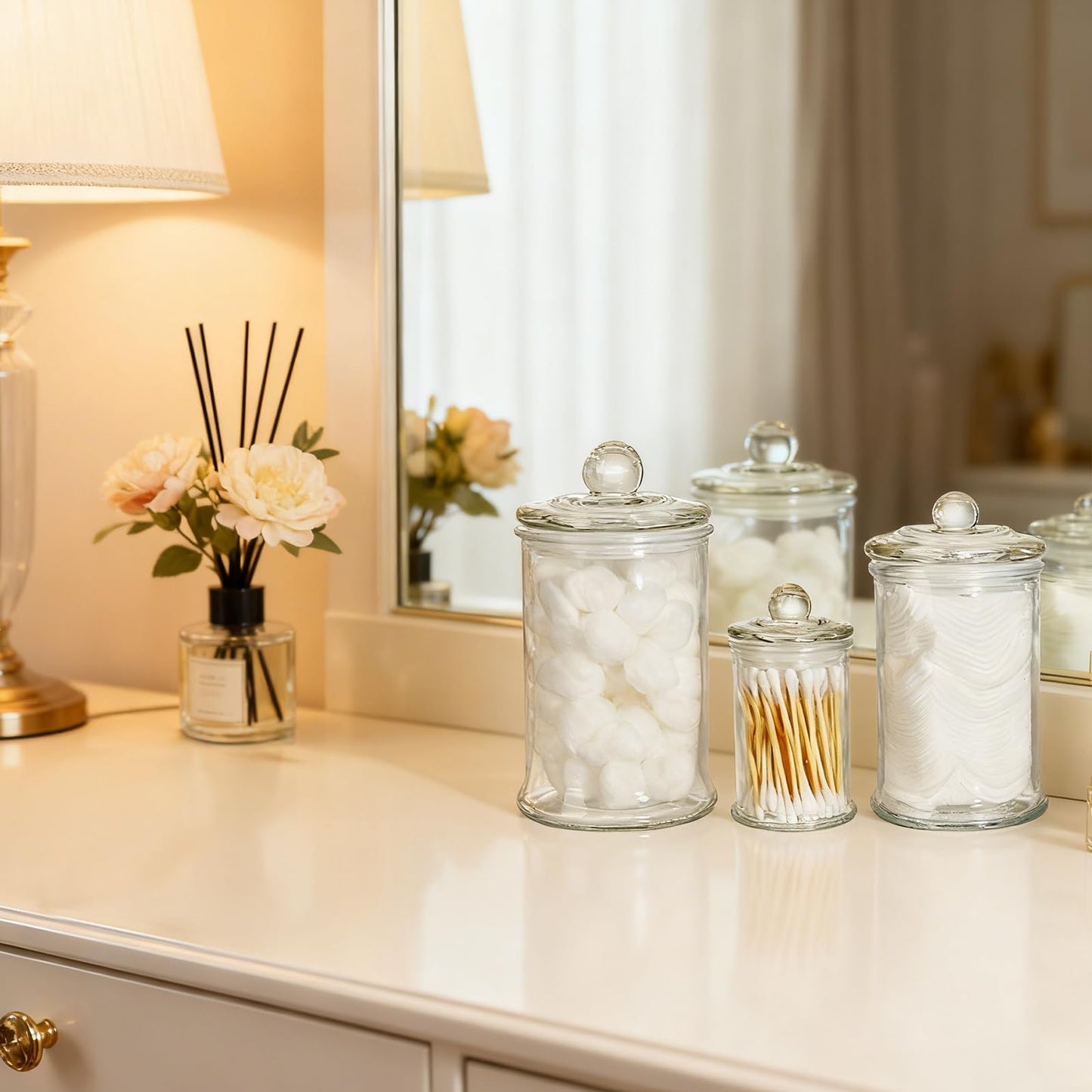 Suwimut Set of 3 Glass Apothecary Jars with Lids, Bathroom Canisters Storage Container Jars, Decorative Small Glass Apothecary Jar for Cotton Swabs, Cotton Balls, Makeup Sponges, Bath Salts