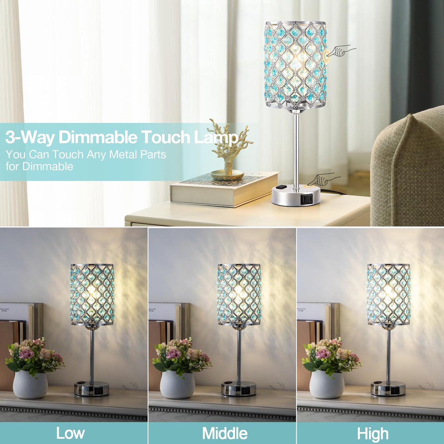 Hong-in Blue Lamps for Night Stands-Crystal Table Lamp with USB-C+A & AC Charging Ports, 3-Way Dimmable Nightstand Touch Lamp, Bedside Desk lamp for Bedroom Living Room Home Office