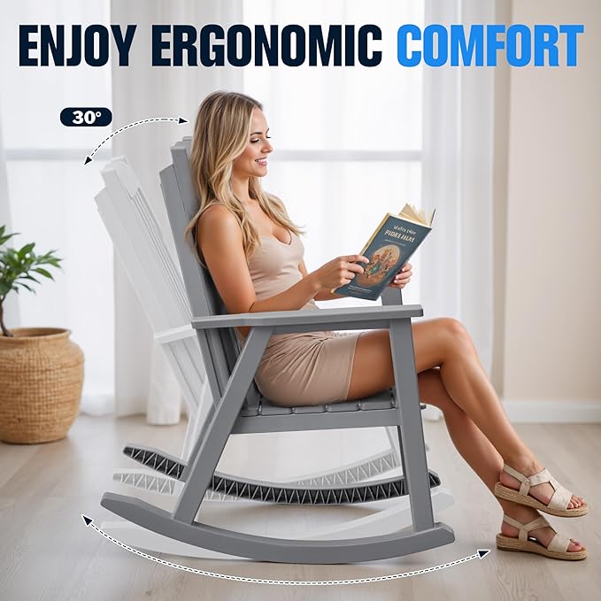 Devoko PP Material Rocking Chair Outdoor Indoor All Weather High Back Patio Rocker for Adult Heavy Duty Rocking Chair for Patio Backyard Porch Garden (Heavy Duty, Gray)