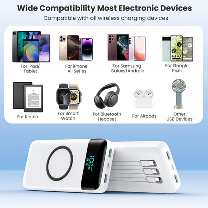 Wireless Portable Charger 40800mAh with 3 Built-in Cables,7-in-1 15W Wireless Charging Power Bank,25W PD QC 4.0 Fast Charging USB C LCD Display Battery Pack for iPhone 17/16/15/13,Samsung,Android etc